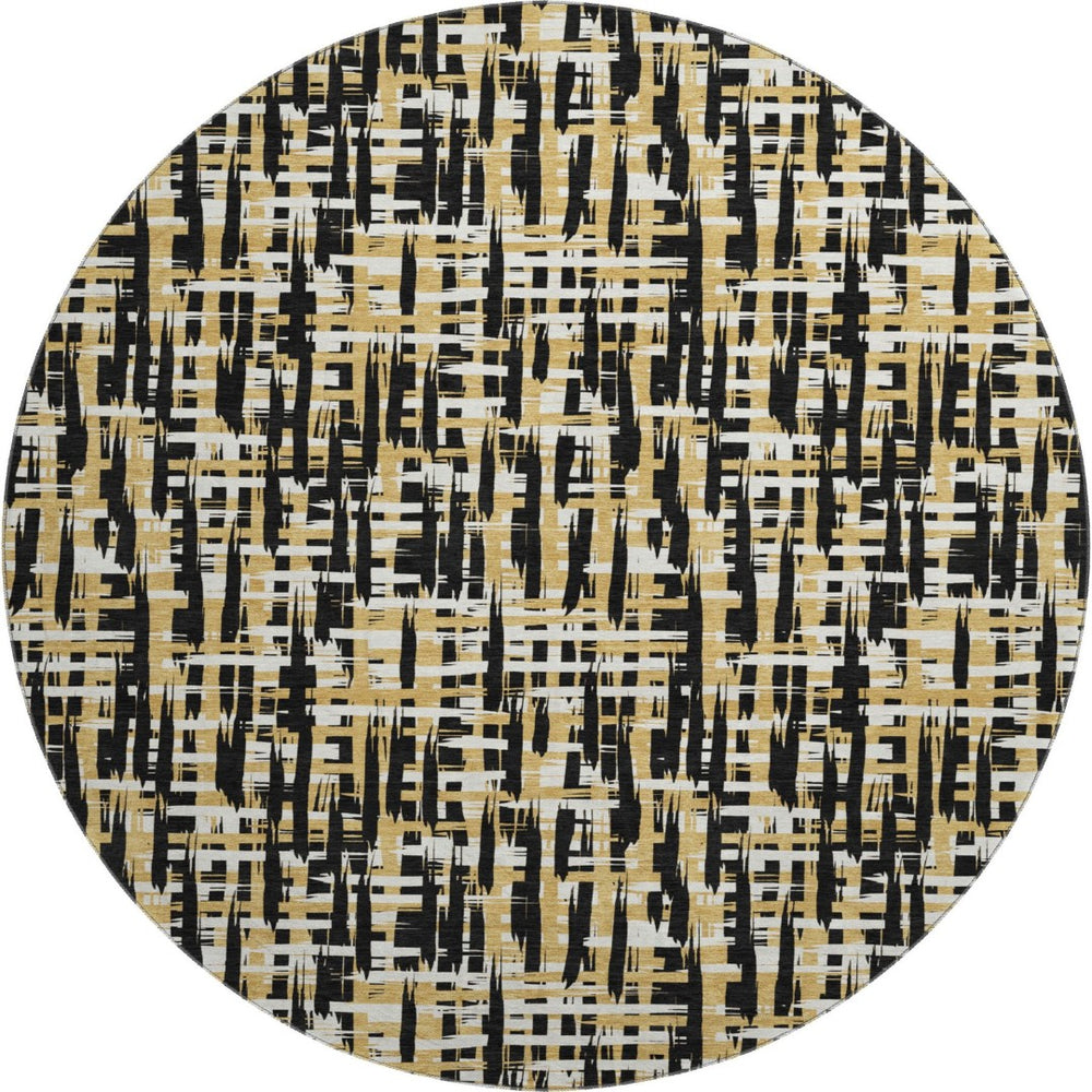 HomeRoots 8' Modern Black Ivory Gold Abstract Geometric Round Rug - Washable, UV Protected & Stain Resistant 683030