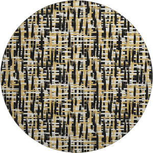 HomeRoots 8' Modern Black Ivory Gold Abstract Geometric Round Rug - Washable, UV Protected & Stain Resistant 683030