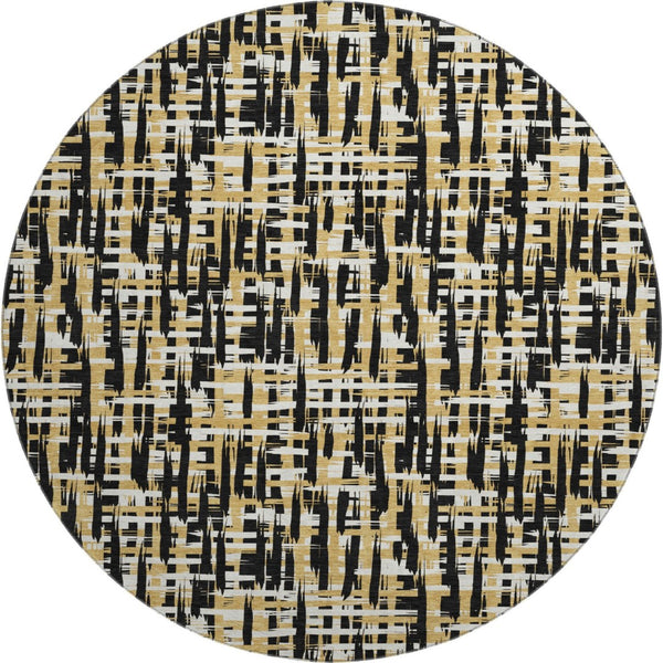 HomeRoots 8' Modern Black Ivory Gold Abstract Geometric Round Rug - Washable, UV Protected & Stain Resistant 683030