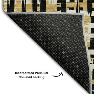 HomeRoots 8' Modern Black Ivory Gold Abstract Geometric Round Rug - Washable, UV Protected & Stain Resistant 683030