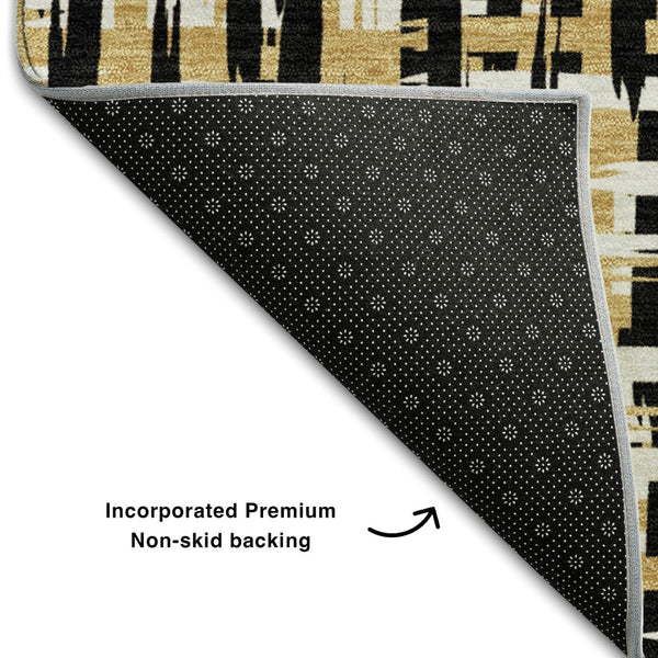 HomeRoots 8' Modern Black Ivory Gold Abstract Geometric Round Rug - Washable, UV Protected & Stain Resistant 683030