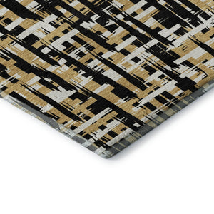HomeRoots 8' Modern Black Ivory Gold Abstract Geometric Round Rug - Washable, UV Protected & Stain Resistant 683030