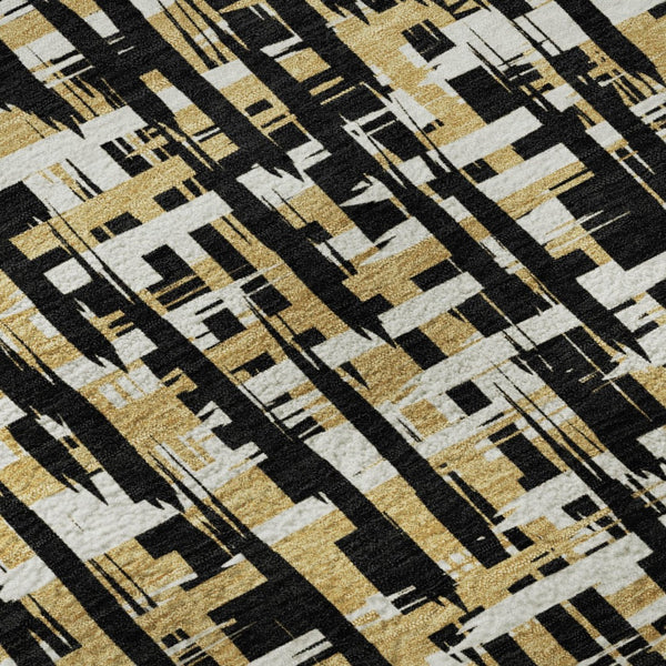 HomeRoots 8' Modern Black Ivory Gold Abstract Geometric Round Rug - Washable, UV Protected & Stain Resistant 683030