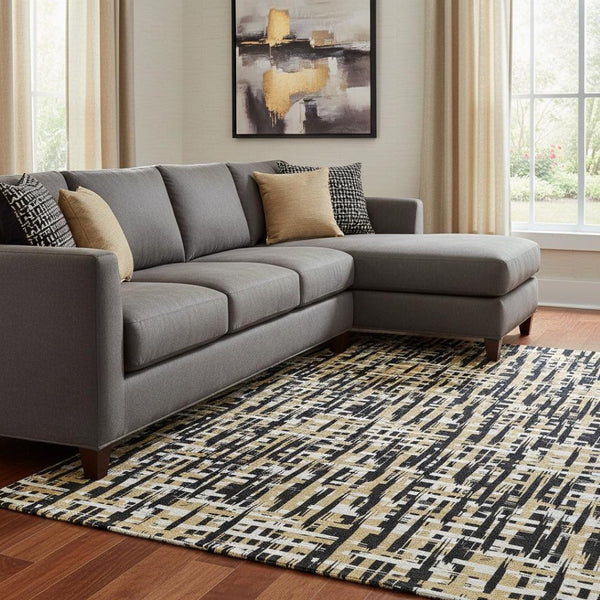 HomeRoots 8' X 10' Modern Black Ivory Gold Washable Area Rug - UV Protected, Stain Resistant, Stylish Comfort 683031
