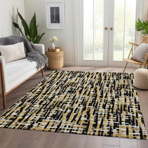 HomeRoots 8' X 10' Modern Black Ivory Gold Washable Area Rug - UV Protected, Stain Resistant, Stylish Comfort 683031