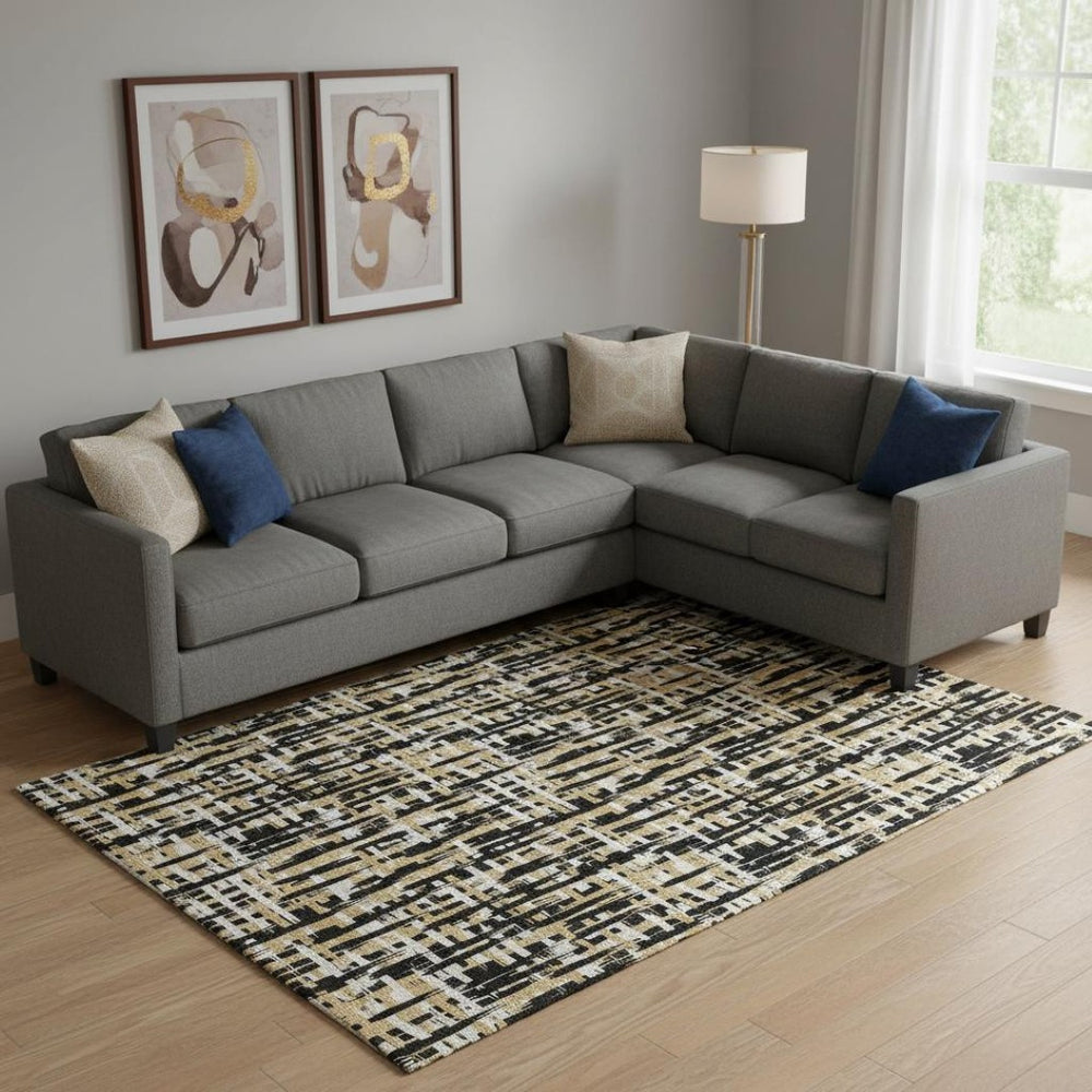 HomeRoots 9' X 12' Stylish Black, Ivory & Gold Abstract Geometric Area Rug – Washable, UV Protected & Durable! 683032