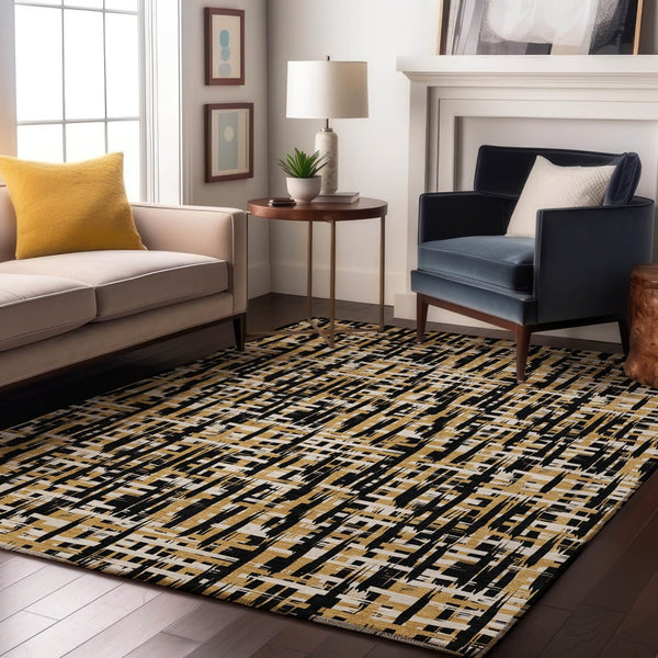 HomeRoots 9' X 12' Stylish Black, Ivory & Gold Abstract Geometric Area Rug – Washable, UV Protected & Durable! 683032