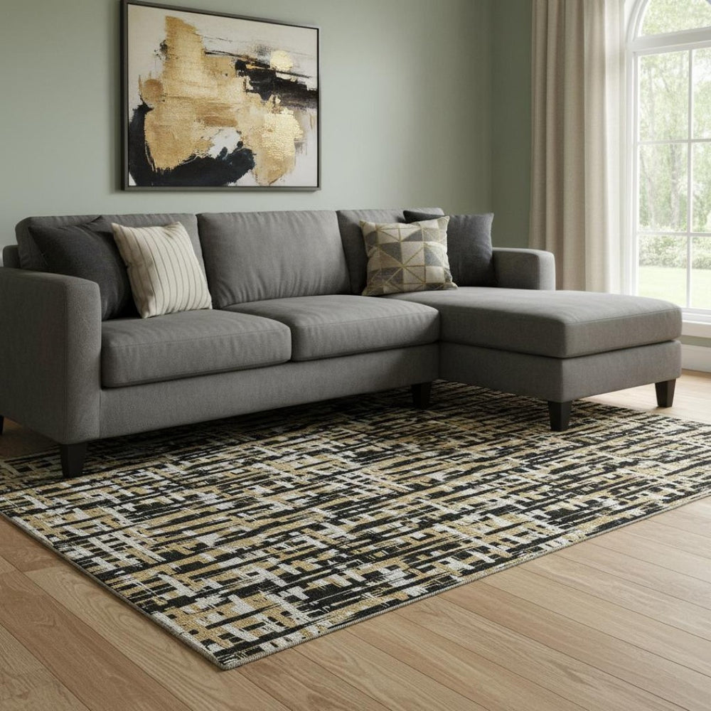 HomeRoots 10' X 14' Modern Black Ivory Gold Abstract Area Rug - Durable, Washable, UV-Protected for Active Homes 683033