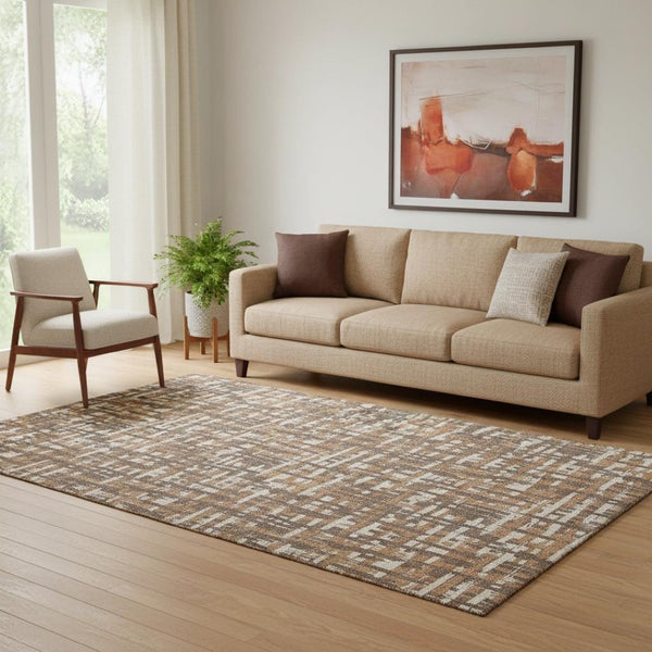 HomeRoots 5' X 8' Washable Chocolate Ivory Copper Abstract Area Rug – UV Protected, Stain Resistant, Durable Design 683035
