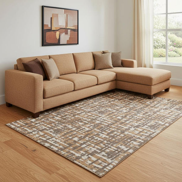 HomeRoots 8' X 10' Stylish Abstract Geometric Area Rug in Chocolate, Ivory & Copper - Washable, UV Protected! 683037