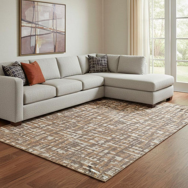 HomeRoots 10' X 14' Chocolate Ivory Copper Abstract Geometric Area Rug - Stylish, Washable, UV Protected Design 683039
