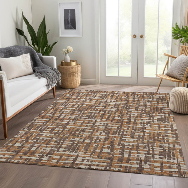 HomeRoots 10' X 14' Chocolate Ivory Copper Abstract Geometric Area Rug - Stylish, Washable, UV Protected Design 683039