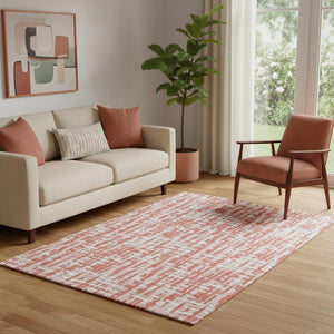 HomeRoots 5' X 8' Coral Ivory Blush Geometric Area Rug - Durable, Washable, UV-Protected for Modern Homes 683041