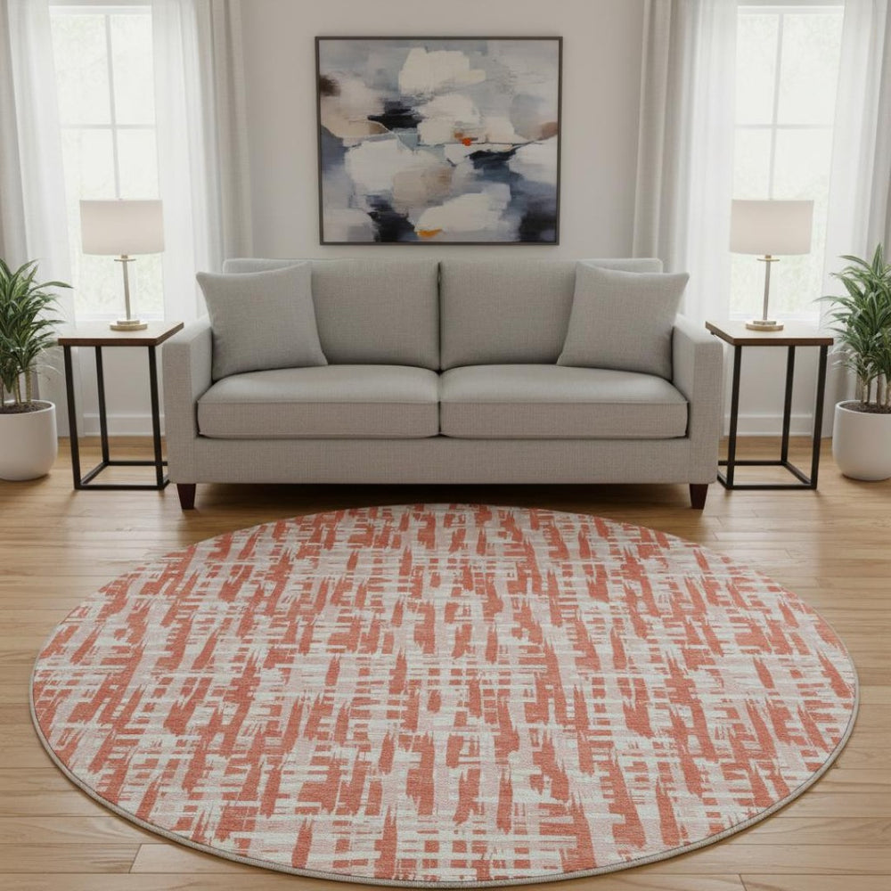 HomeRoots 8' Coral Ivory and Blush Geometric Washable Round Rug - Durable, UV-Protected, Easy-Care Design 683042