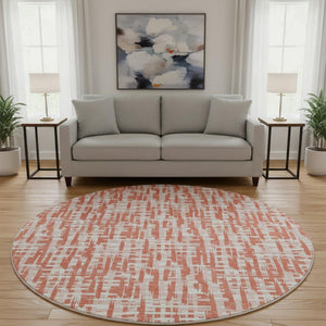 HomeRoots 8' Coral Ivory and Blush Geometric Washable Round Rug - Durable, UV-Protected, Easy-Care Design 683042