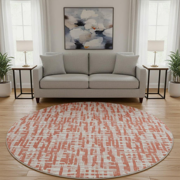 HomeRoots 8' Coral Ivory and Blush Geometric Washable Round Rug - Durable, UV-Protected, Easy-Care Design 683042