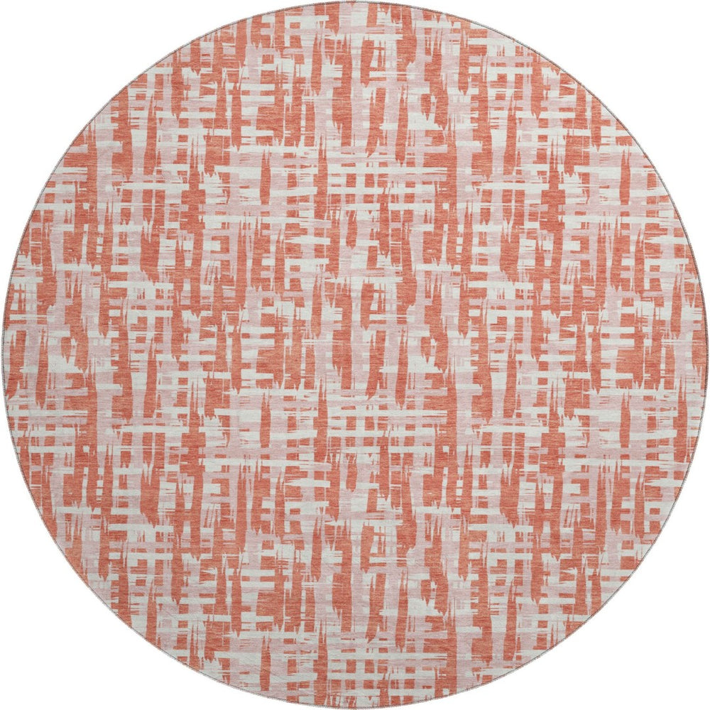 HomeRoots 8' Coral Ivory and Blush Geometric Washable Round Rug - Durable, UV-Protected, Easy-Care Design 683042