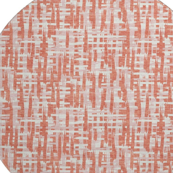 HomeRoots 8' Coral Ivory and Blush Geometric Washable Round Rug - Durable, UV-Protected, Easy-Care Design 683042