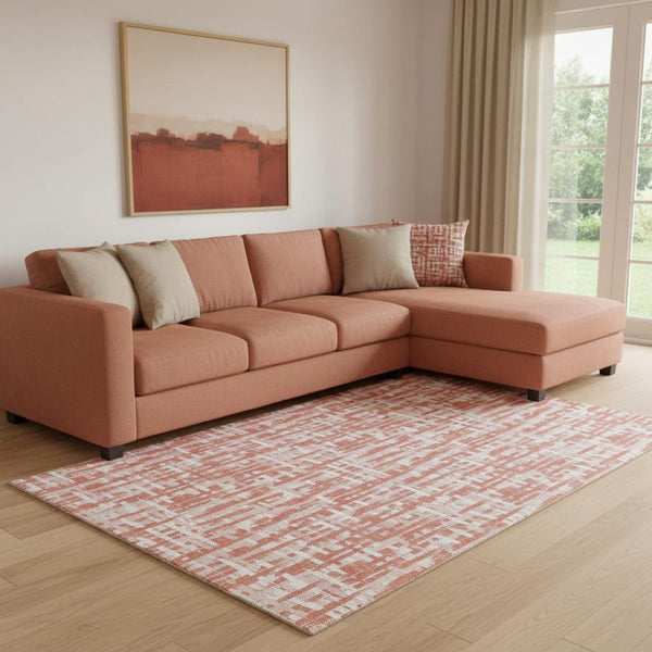 HomeRoots 8' X 10' Stylish Coral Ivory Blush Abstract Geometric Washable Area Rug with UV & Stain Protection 683043