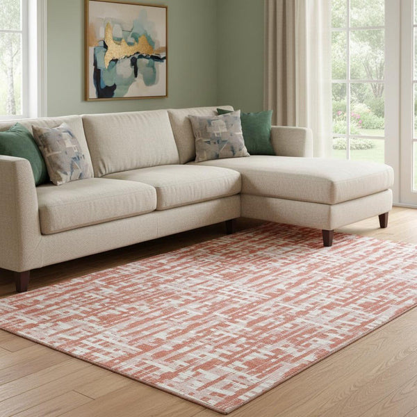 HomeRoots 10' X 14' Coral Ivory Blush Abstract Geometric Area Rug - Durable, Washable, UV Protected Beauty 683045