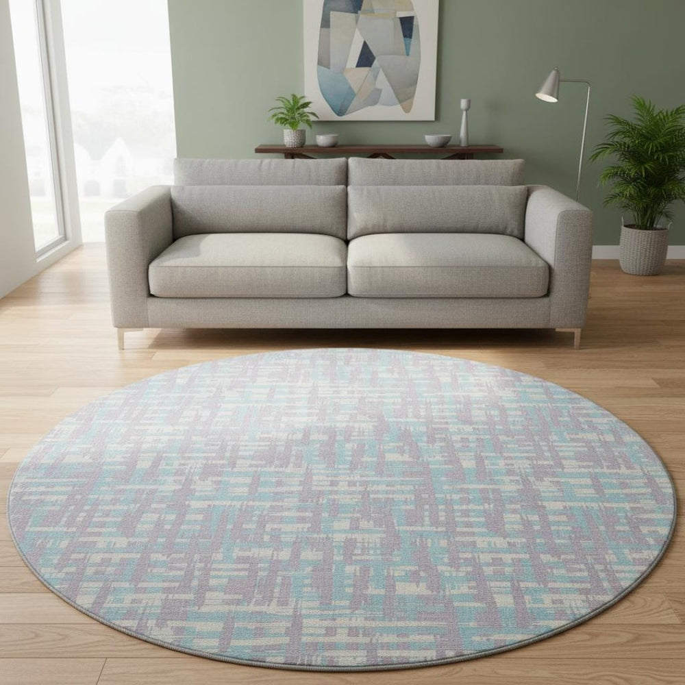 HomeRoots 8' Stylish Lavender, Ivory & Aqua Round Rug - Abstract Geometric Design with UV Protection & Easy Care 683048