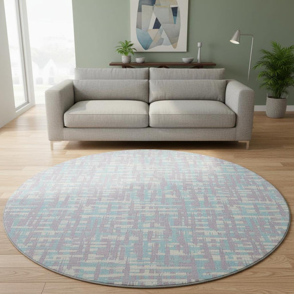 HomeRoots 8' Stylish Lavender, Ivory & Aqua Round Rug - Abstract Geometric Design with UV Protection & Easy Care 683048