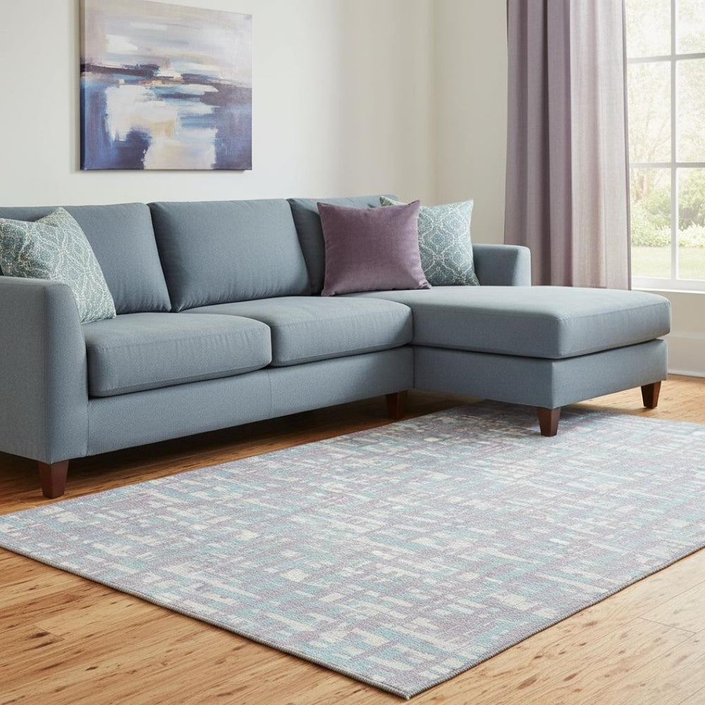 HomeRoots 8' X 10' Contemporary Abstract Area Rug in Lavender, Ivory & Aqua - Washable, UV Protected & Durable 683049