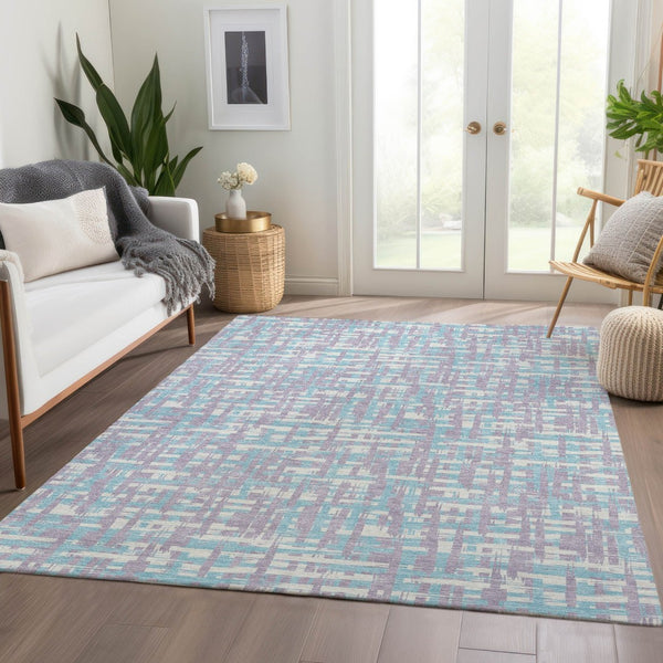 HomeRoots 9' X 12' Abstract Geometric Area Rug in Lavender, Ivory & Aqua - Washable, UV-Protected, Stylish Comfort 683050
