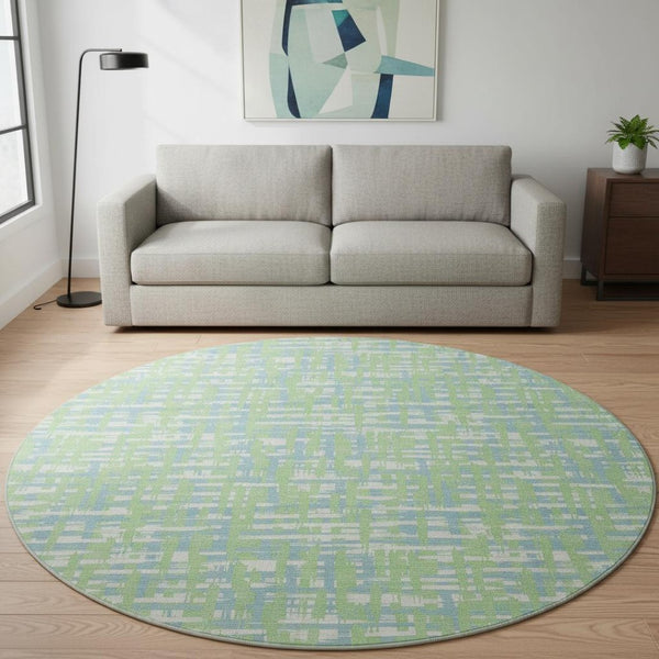 HomeRoots 8' Abstract Geometric Round Rug in Mint Green, Ivory & Sky Blue – Washable, Stain-Resistant & UV Protected 683054