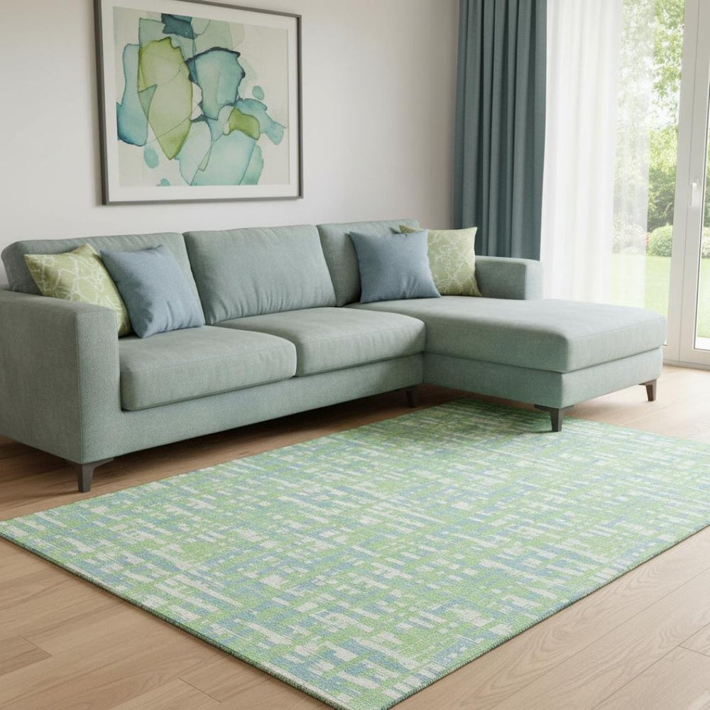 HomeRoots 8' X 10' Stylish Mint Green, Ivory & Sky Blue Geometric Washable Area Rug with UV Protection & Durability 683055