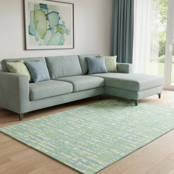 HomeRoots 8' X 10' Stylish Mint Green, Ivory & Sky Blue Geometric Washable Area Rug with UV Protection & Durability 683055