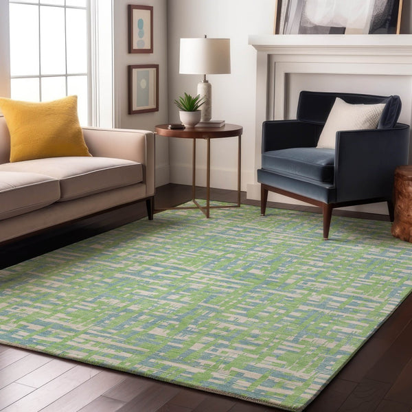 HomeRoots 9' X 12' Abstract Geometric Area Rug in Mint Green, Ivory & Sky Blue – Durable, Washable & UV Protected! 683056