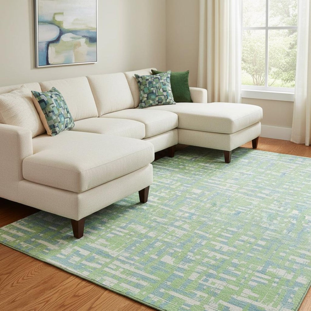 HomeRoots 10' Contemporary Mint Green and Ivory Abstract Geometric Area Rug - Washable, UV-Protected, Stylish! 683057