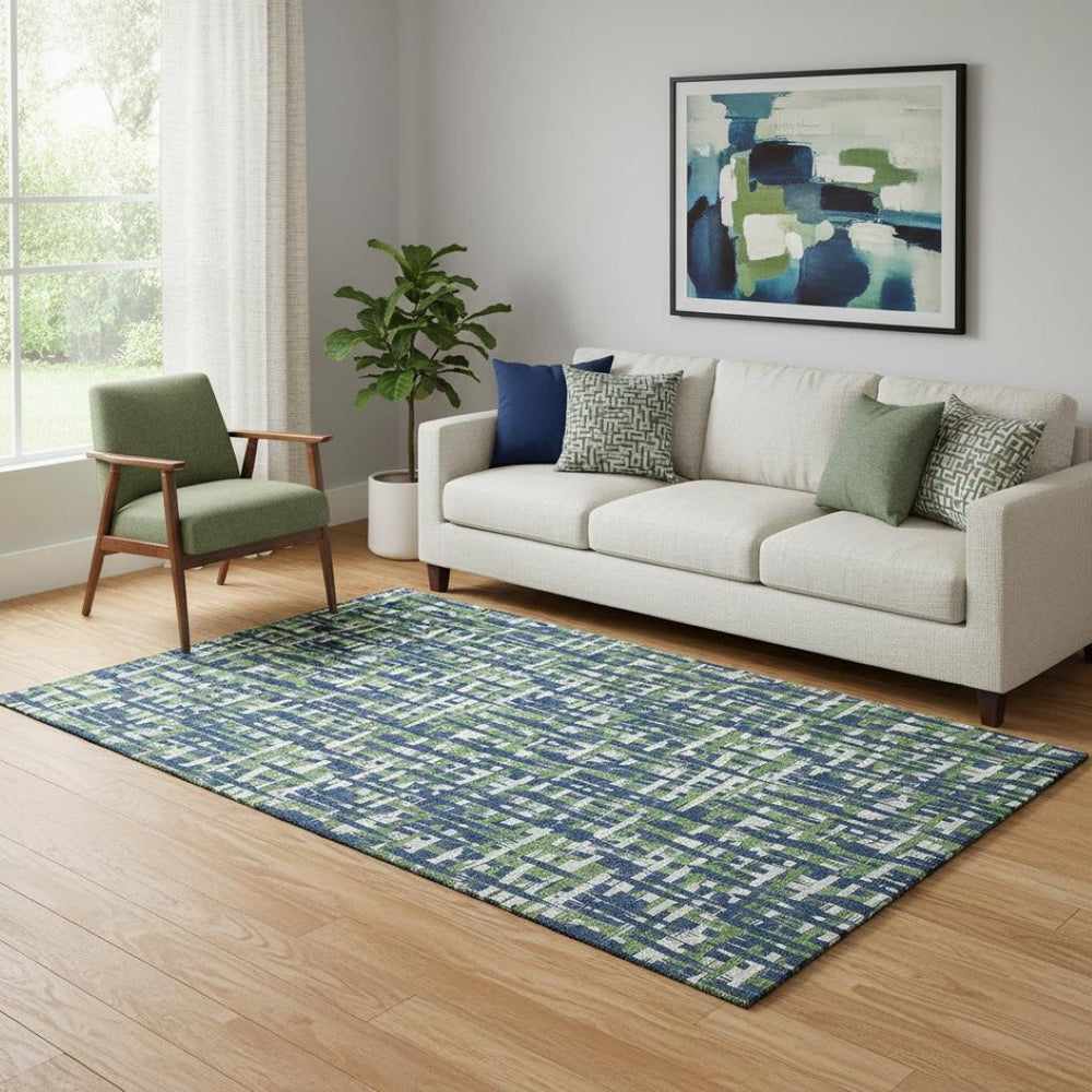 HomeRoots 5' X 8' Stylish Navy Blue, Ivory & Green Abstract Geometric Washable Area Rug with UV Shielding 683059