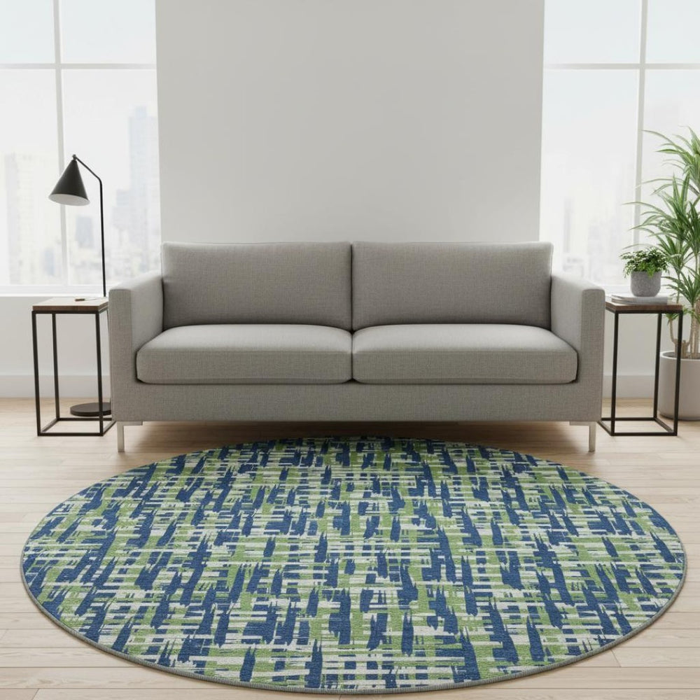 HomeRoots 8' Navy Blue Abstract Geometric Round Rug – Washable, UV-Protected, Soft, Stain-Resistant Comfort 683060
