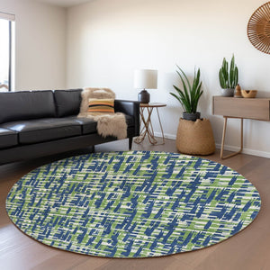HomeRoots 8' Navy Blue Abstract Geometric Round Rug – Washable, UV-Protected, Soft, Stain-Resistant Comfort 683060