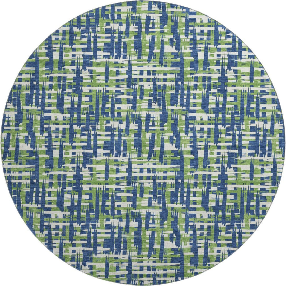 HomeRoots 8' Navy Blue Abstract Geometric Round Rug – Washable, UV-Protected, Soft, Stain-Resistant Comfort 683060