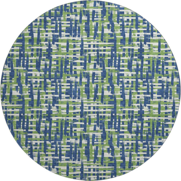 HomeRoots 8' Navy Blue Abstract Geometric Round Rug – Washable, UV-Protected, Soft, Stain-Resistant Comfort 683060