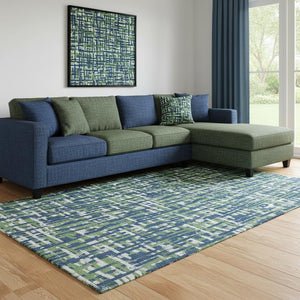 HomeRoots 8' X 10' Abstract Geometric Area Rug in Navy, Ivory & Green - Washable, UV Protected, Durable Design 683061