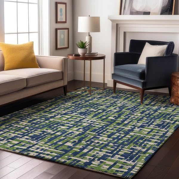 HomeRoots 8' X 10' Abstract Geometric Area Rug in Navy, Ivory & Green - Washable, UV Protected, Durable Design 683061