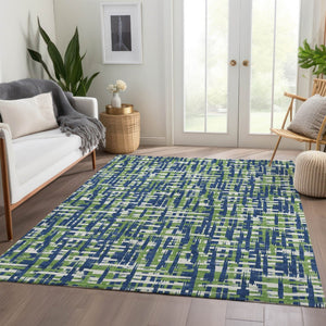 HomeRoots 8' X 10' Abstract Geometric Area Rug in Navy, Ivory & Green - Washable, UV Protected, Durable Design 683061