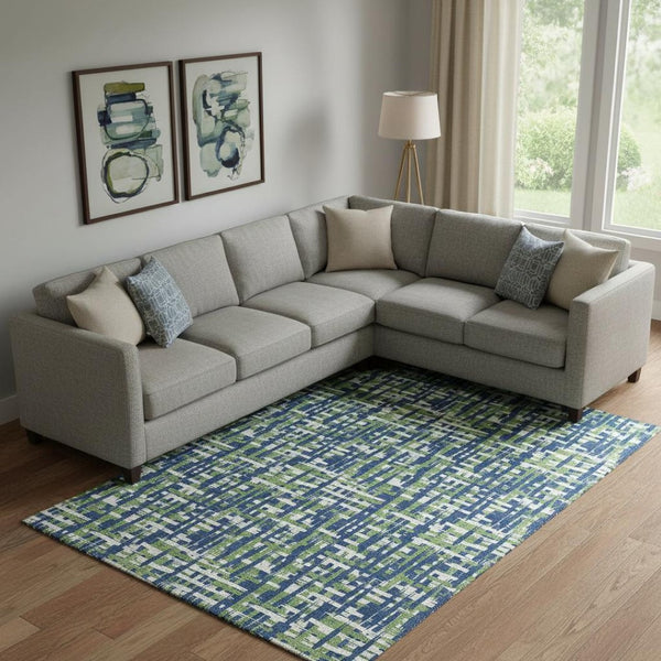 HomeRoots 9' X 12' Washable Navy Blue and Ivory Abstract Geometric Area Rug with UV Protection for Homes 683062