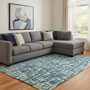 HomeRoots 10' X 14' Navy Blue Ivory Green Abstract Geometric Washable Area Rug - Durable, Stain-Resistant Design 683063