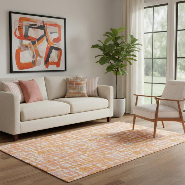 HomeRoots 5' X 8' Vibrant Abstract Geometric Area Rug - Orange, Ivory & Pink, Washable with UV Protection 683065