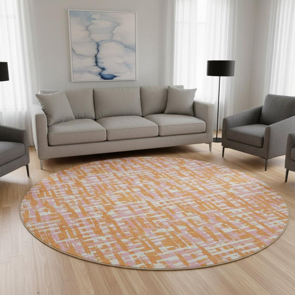 HomeRoots 8' Vibrant Orange, Ivory & Pink Abstract Round Rug - Washable, UV-Protected for Family Spaces! 683066