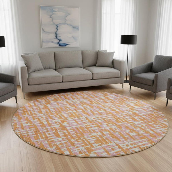 HomeRoots 8' Vibrant Orange, Ivory & Pink Abstract Round Rug - Washable, UV-Protected for Family Spaces! 683066