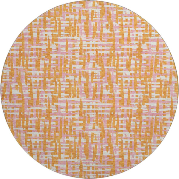 HomeRoots 8' Vibrant Orange, Ivory & Pink Abstract Round Rug - Washable, UV-Protected for Family Spaces! 683066