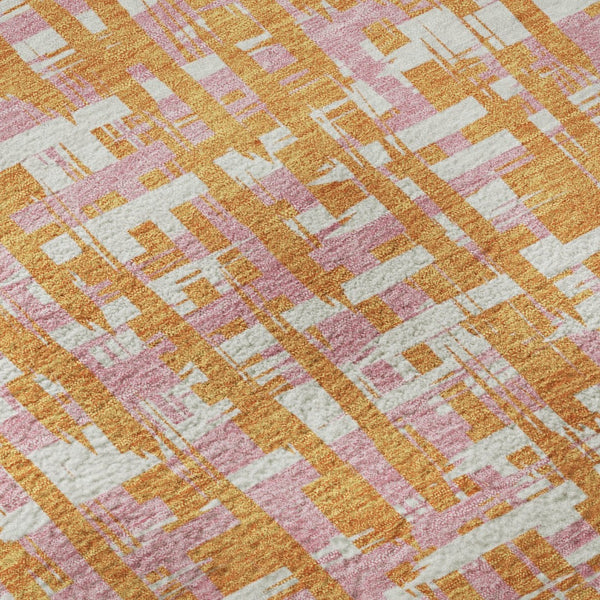 HomeRoots 8' Vibrant Orange, Ivory & Pink Abstract Round Rug - Washable, UV-Protected for Family Spaces! 683066