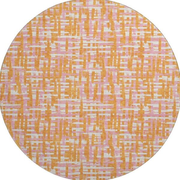 HomeRoots 8' Vibrant Orange, Ivory & Pink Abstract Round Rug - Washable, UV-Protected for Family Spaces! 683066