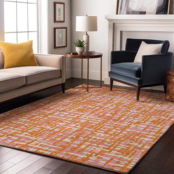 HomeRoots 8' X 10' Vibrant Abstract Geometric Area Rug in Orange, Ivory & Pink - Washable & UV Protected! 683067